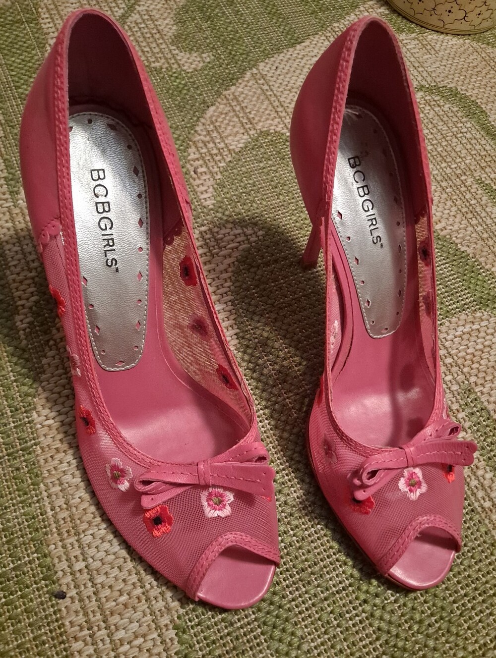 BCBGirls Pink Floral Embroidered Peep-Toe Heels